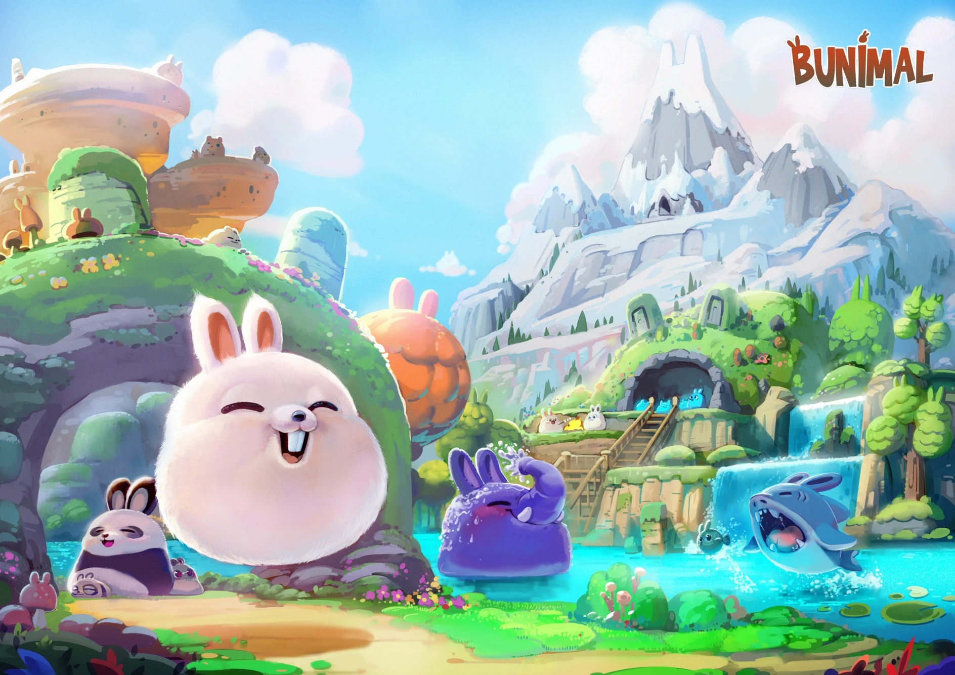Bunimals playing together in a colorful world of forests, waterfalls, and snowy mountains